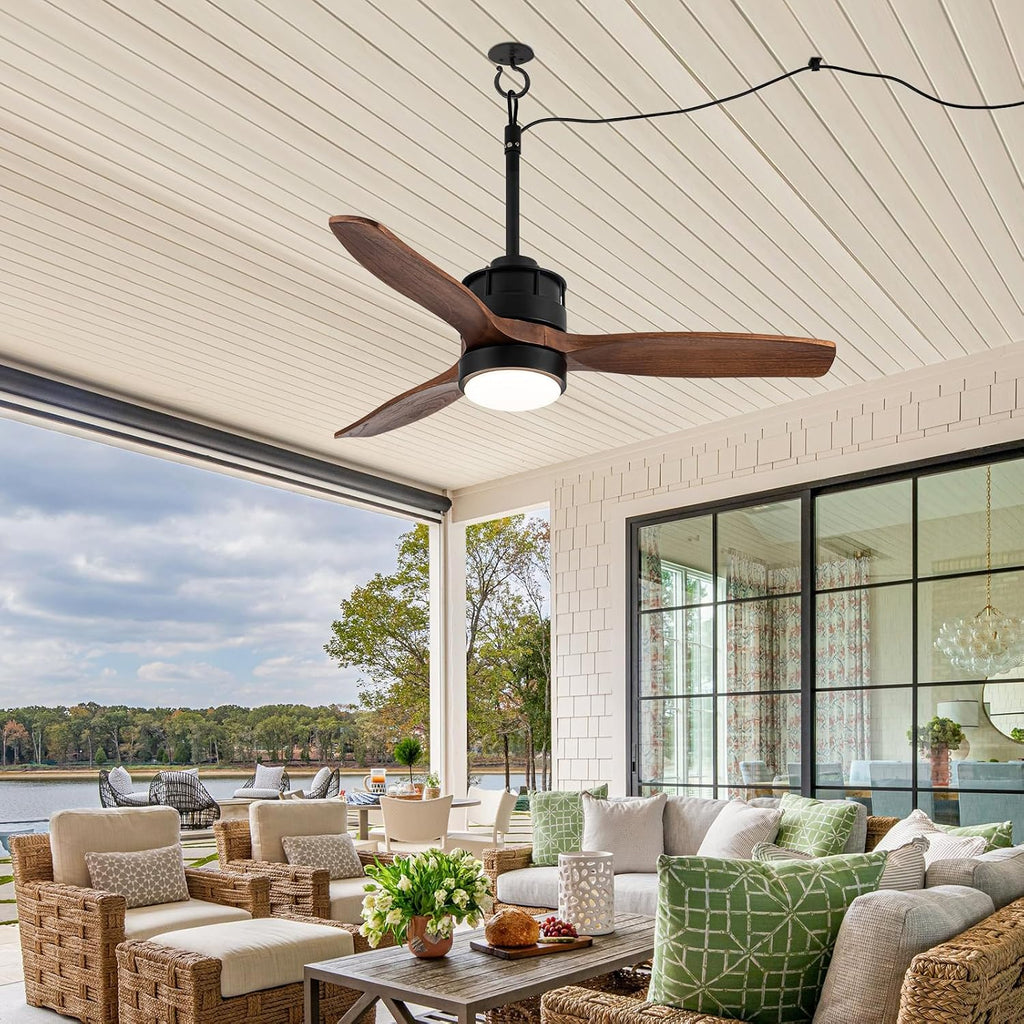 EKIZNSN 32' Wet Rated Ceiling Fans with Lights Outdoor Hanging for Gazebo Waterproof, DC Motor w 3 Reversible Walnut Wood Blades, Walnut
