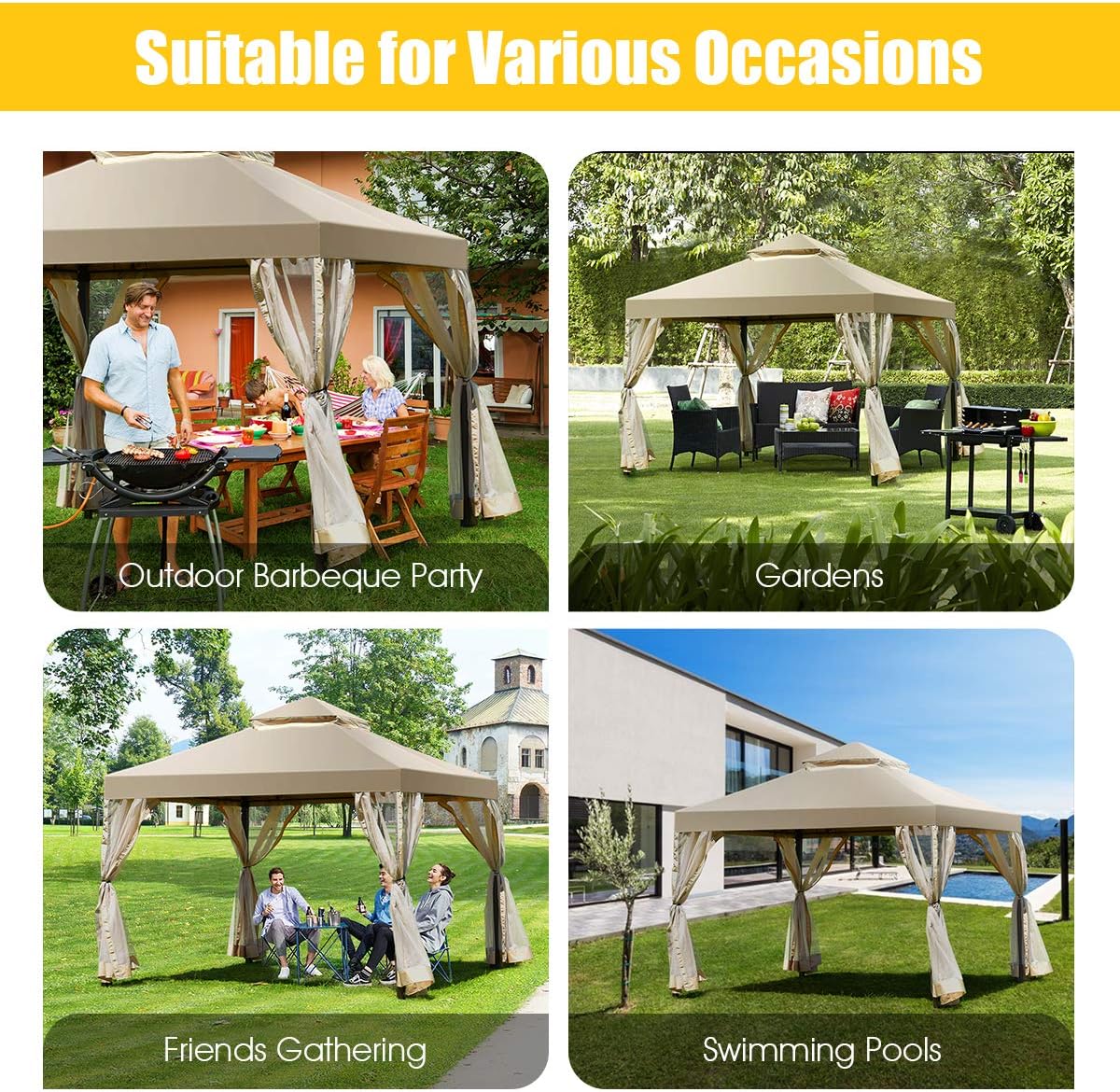 Tangkula 2-Tier 10x10Feet Patio Gazebo, Outdoor Patio Fully Enclosed Gazebo Canopy Tent w/Netting, Outdoor Gazebo Canopy Shelter for Backyard, Garden, Deck