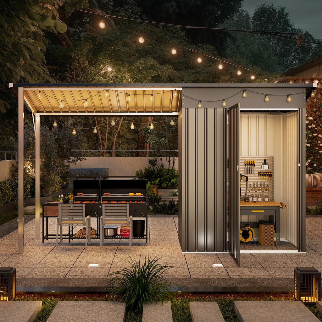 AECOJOY 5x3 FT Outdoor Storage Shed & Hardtop Gazebo Combo, 10x4 FT Metal Lean to Shed with 3'x5' Open Pergola, 2-in-1 Tool Sheds & Outdoor Storage for Patio, 30 Sq.Ft Covered