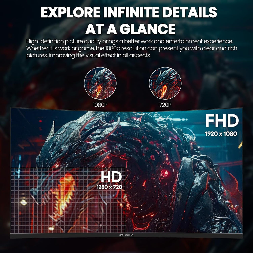 CRUA 32Inch Curved Gaming Monitor, FHD(1920 * 1080P) VA Screen 165Hz/200Hz, 1800R VA Screen, 120% sRGB, Computer Monitor that Support AMD Freesync, HDMI, DP, Wall Mountable Installs-Black