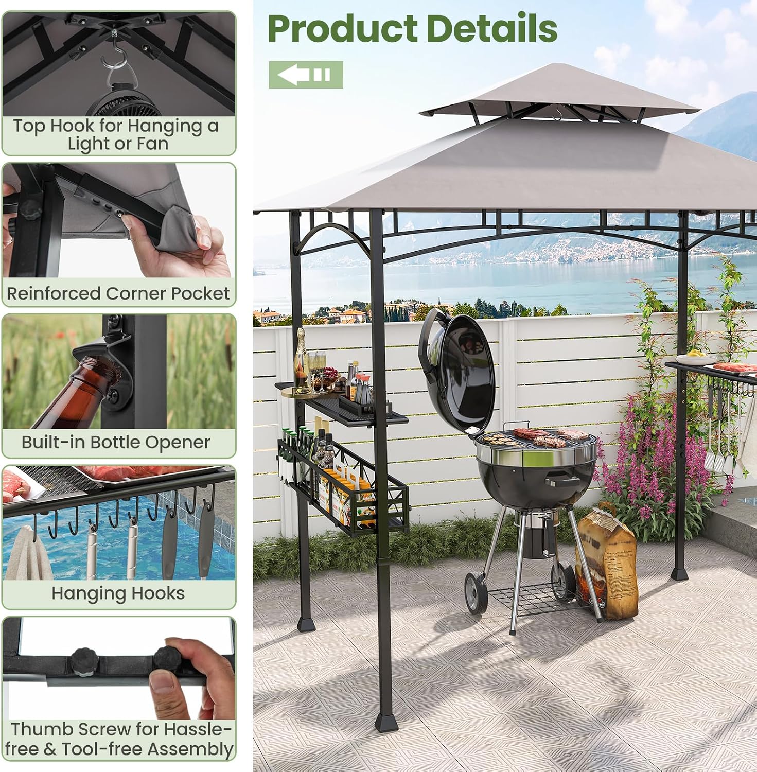 HAPPYGRILL 8 x 5 FT BBQ Grill Gazebo with 2 Side Shelves, Storage Basket, Hanging Hooks, Bottle Opener, Double-Tiered Top, Metal Frame, Outdoor Barbecue Canopy, Grilling Shelter for Patio Garden Yard