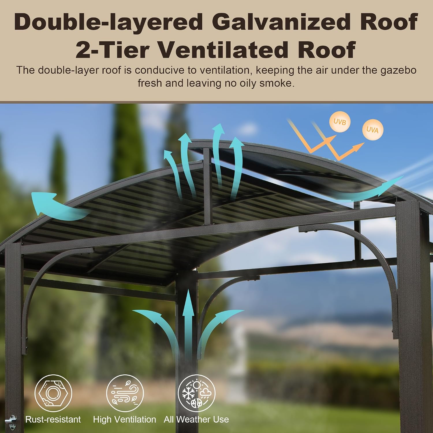 Domi 8x5FT Hardtop Grill Gazebo, Outdoor BBQ Gazebo with 2 Side Shelves and Bottle Opener, Outdoor Grill Canopy with Galvanized Steel Double Roof for Patio Lawn Backyard Deck, Brown