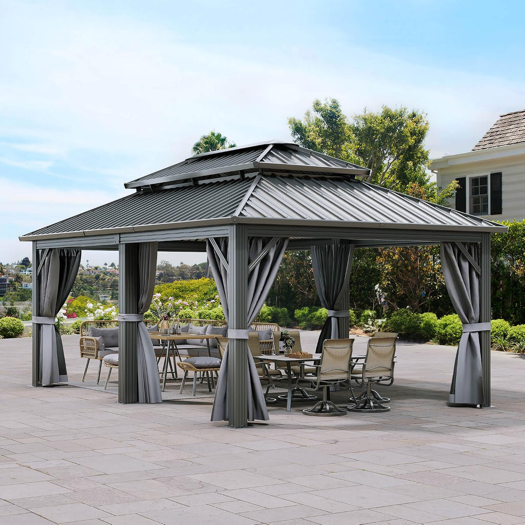 YITAHOME 12X18FT Metal Hardtop Gazebo Double Roof Canopy Galvanized Iron Aluminum Garden Gazebo Curtains Netting for Patios Backyards Decks Lawns