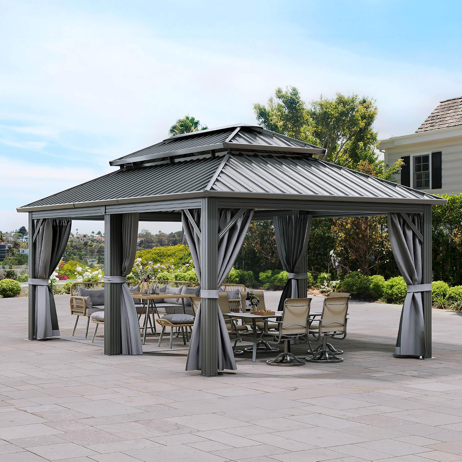 YITAHOME 12X18FT Metal Hardtop Gazebo Double Roof Canopy Galvanized Iron Aluminum Garden Gazebo Curtains Netting for Patios Backyards Decks Lawns
