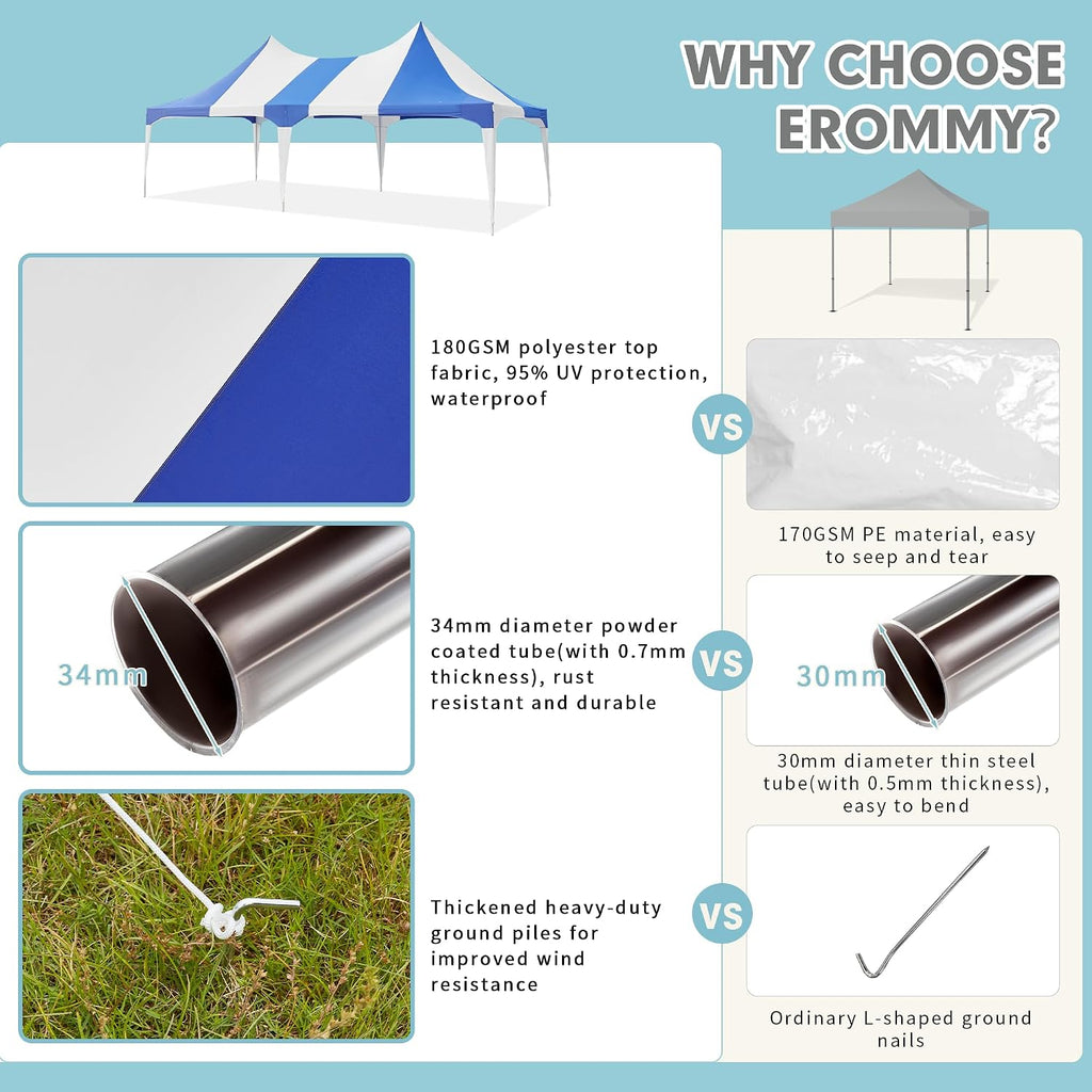 EROMMY 13x26ft Party Tent, Heavy Duty Wedding, Double Peaked Canopy Tent with Pole-Less Event Space, 60 Person Capacity Outdoor Gazebo Pavilion Shelter for Party, Event, White & Blue