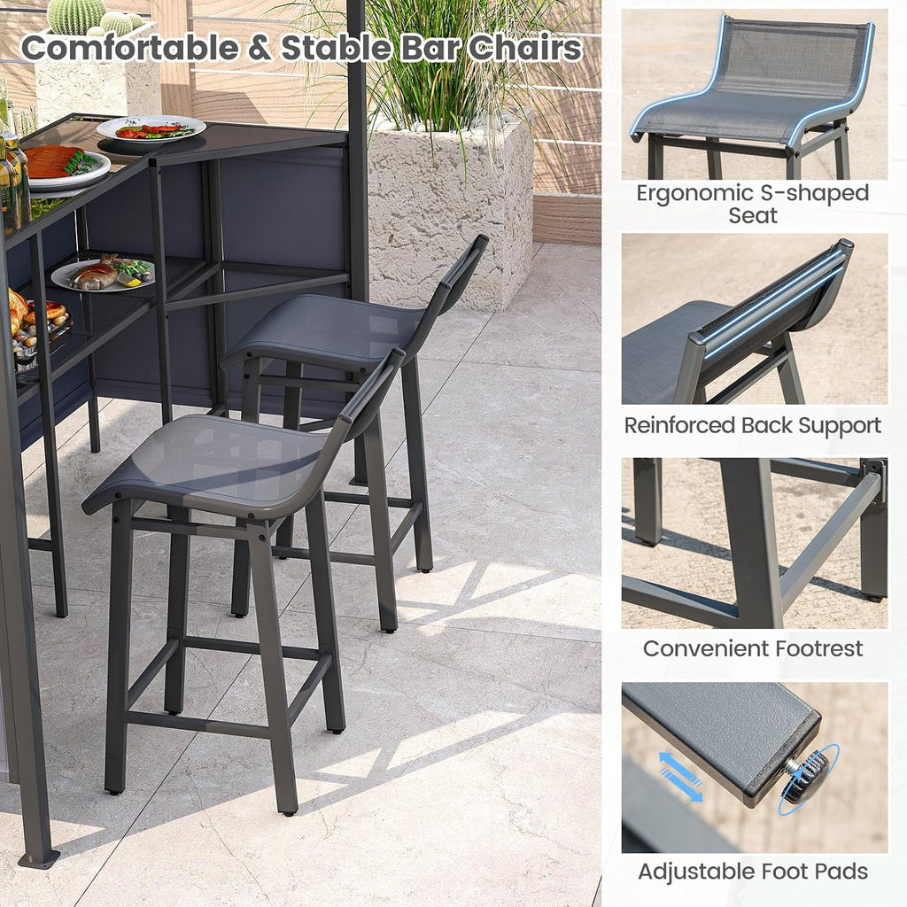 Tangkula 3 Piece Patio Bar Set, 8x8 FT Double-Tier Grill Gazebo with 2 Bar Stools, Tempered Glass Top, Metal Storage Shelf, Glass Holders, Outdoor Shelter for BBQ Party Poolside Garden (Grey)