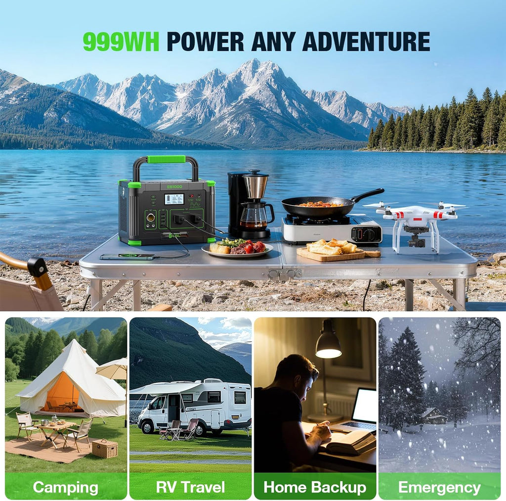 EBL 1000W Portable Power Station (Peak 2000W) with 200W Portable Solar Panel 23.5% High Efficiency Solar Panel, EBL 999Wh Solar Generator Kit for Camping, RV, Home Backup, Outdoor Adventures