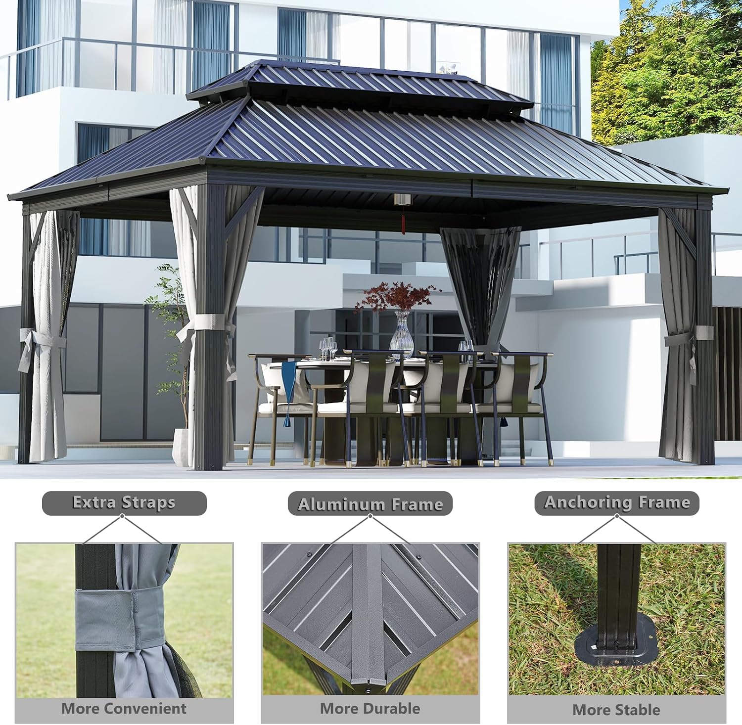 Aoxun 12' X 16' Hardtop Gazebo, Outdoor Pergolas with Mosquito Netting and Curtains, Galvanized Steel Double Roof Permanent Aluminum Gazebo, and LED Outdoor Waterproof Hanging Lights