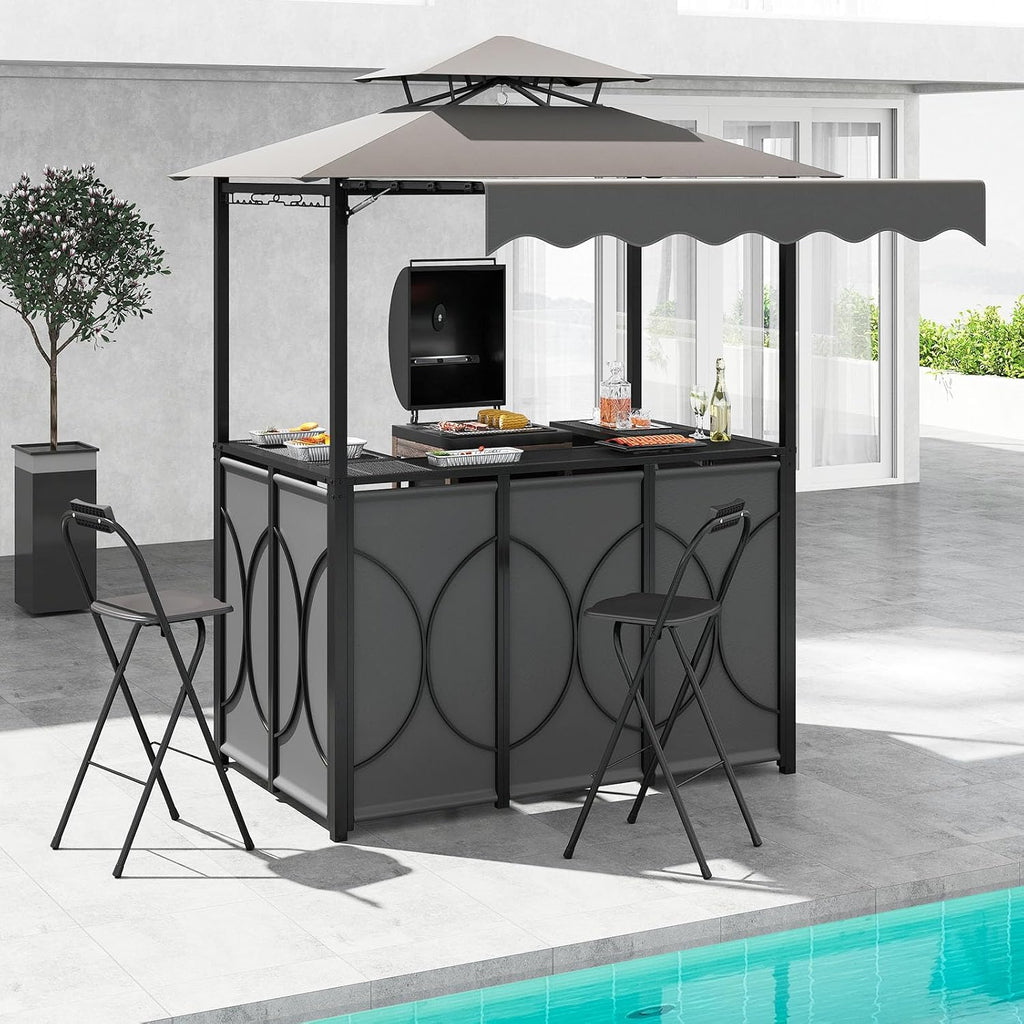 Tangkula 3 Piece Patio Bar Set, Grill Gazebo & 2 Foldable Bar Stools with Awning, Metal Storage Shelves, Glass Holders, Double-Tier Outdoor Shelter for Patio Poolside Garden Backyard (Gray)