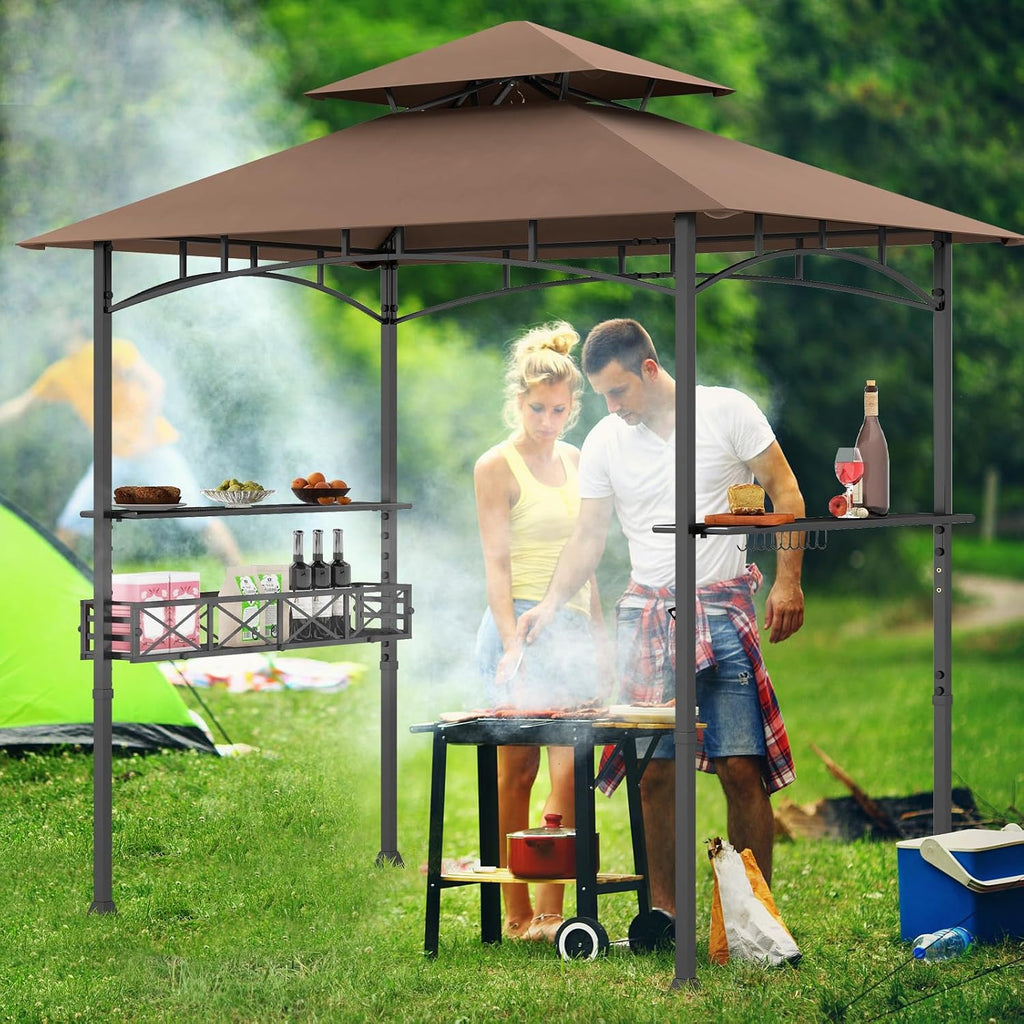 HAPPYGRILL 8 x 5 FT BBQ Grill Gazebo with 2 Side Shelves, Storage Basket, Hanging Hooks, Bottle Opener, Double-Tiered Top, Metal Frame, Outdoor Barbecue Canopy, Grilling Shelter for Patio Garden Yard