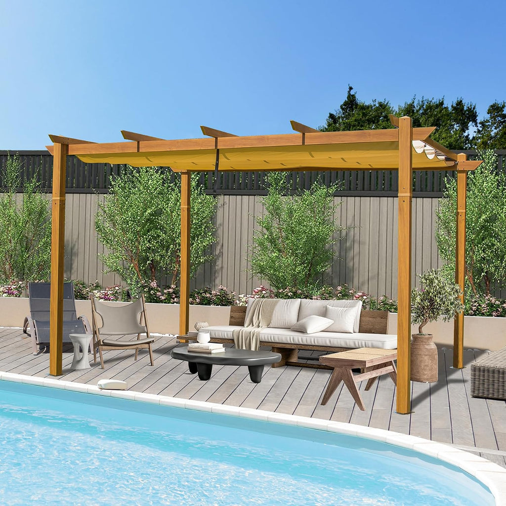 Domi 9' x 13' Outdoor Retractable Pergola Against The Wall with Weather-Resistant Canopy Aluminum Garden Pergola Patio Grill Gazebo for Courtyard(Teak Coated)