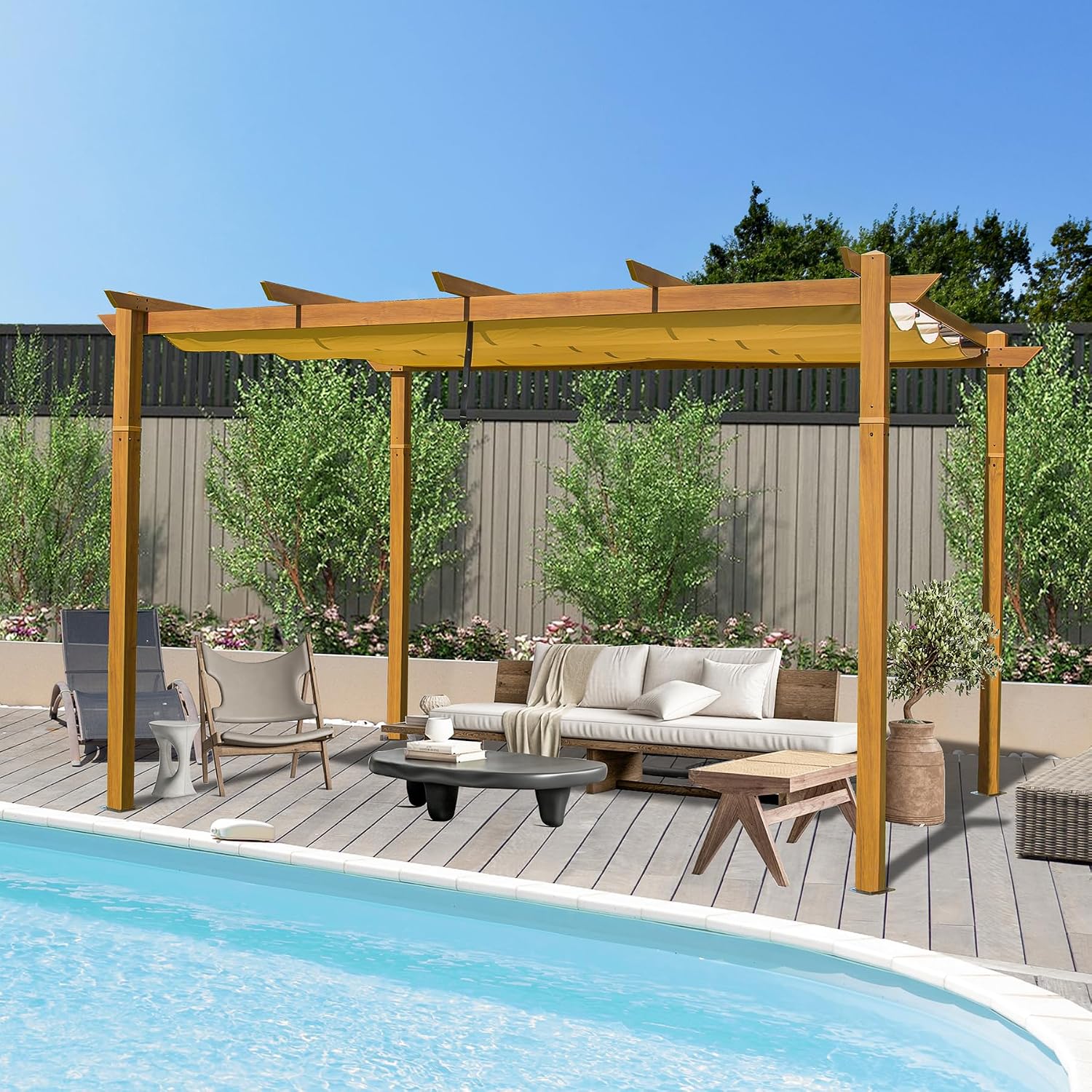 Domi 9' x 13' Outdoor Retractable Pergola Against The Wall with Weather-Resistant Canopy Aluminum Garden Pergola Patio Grill Gazebo for Courtyard(Teak Coated)