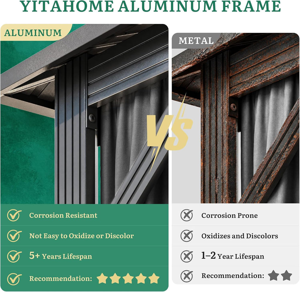 YITAHOME 10'X10' Metal Hardtop Gazebo Outdoor Patio Single Top Canopy Galvanized Iron Garden Tent Curtains Netting for Backyards Decks Lawns,Gray