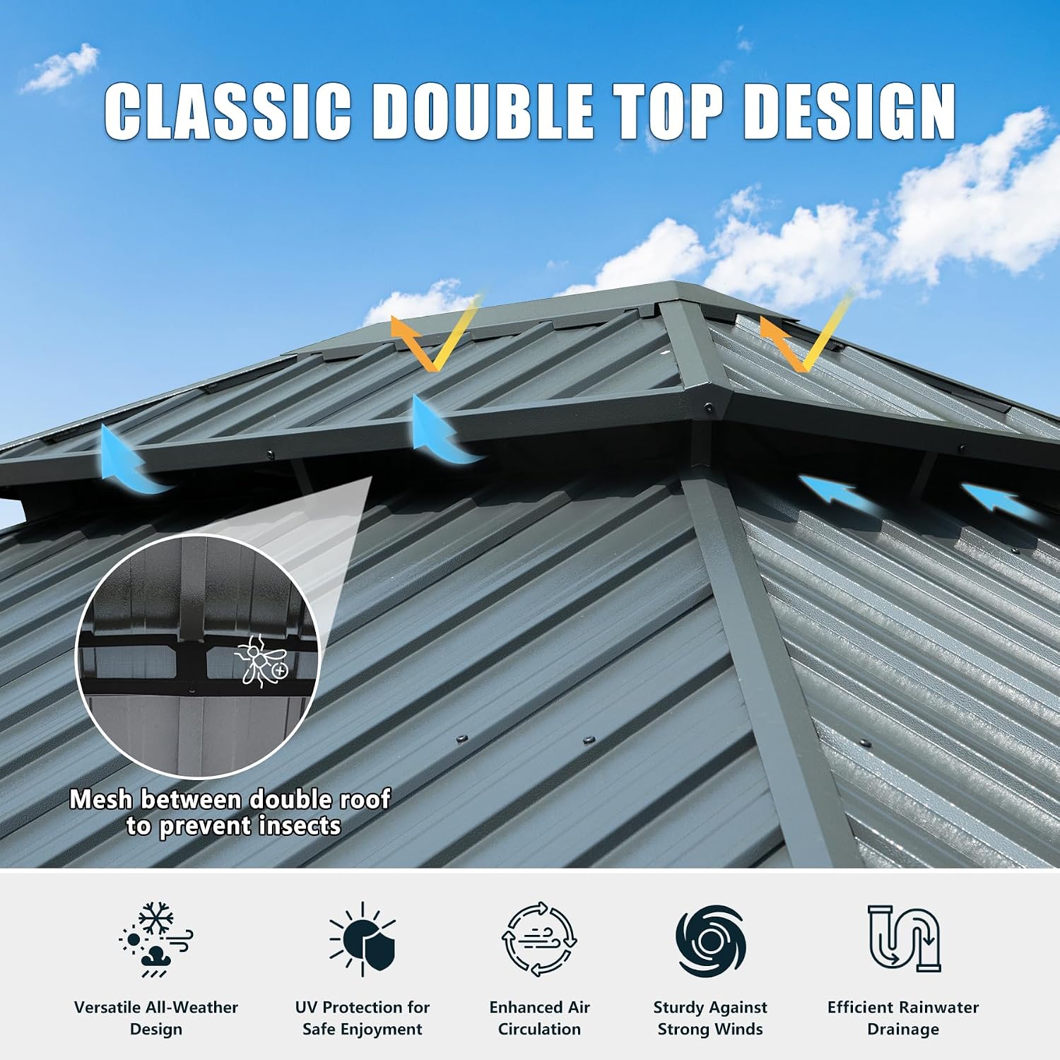 Domi 12' X 14' Hardtop Gazebo Permanent Aluminum Outdoor Gazebo with Galvanized Steel Double Roof, Drainage Gutters, Curtains, and Netting for Party, Wedding, Dining