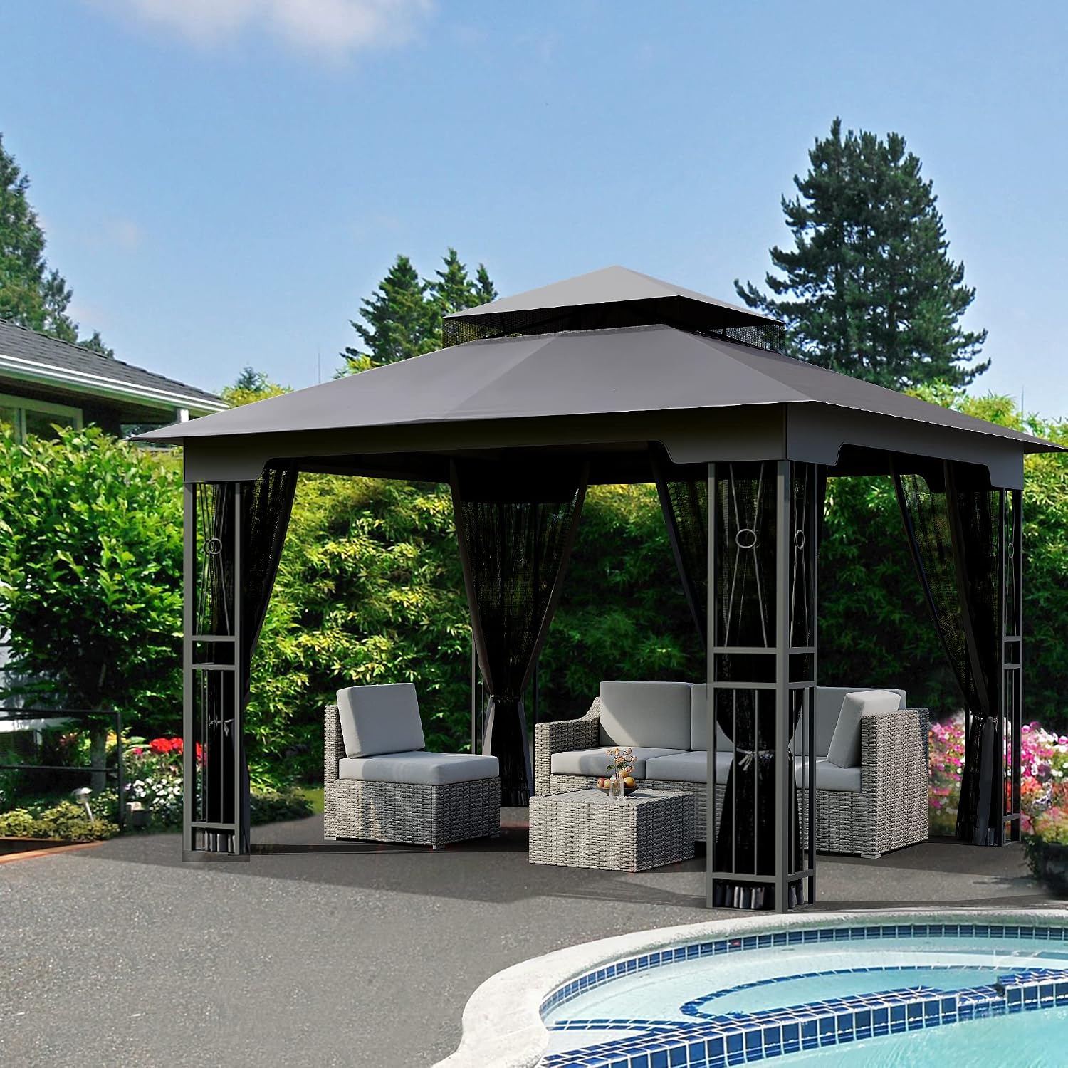 HAPPATIO 10' X 12' Outdoor Patio Gazebo, Canopy Gazebo for Garden,Yard,Patio with Ventilation Double Roof with Mosquito Netting,Gray