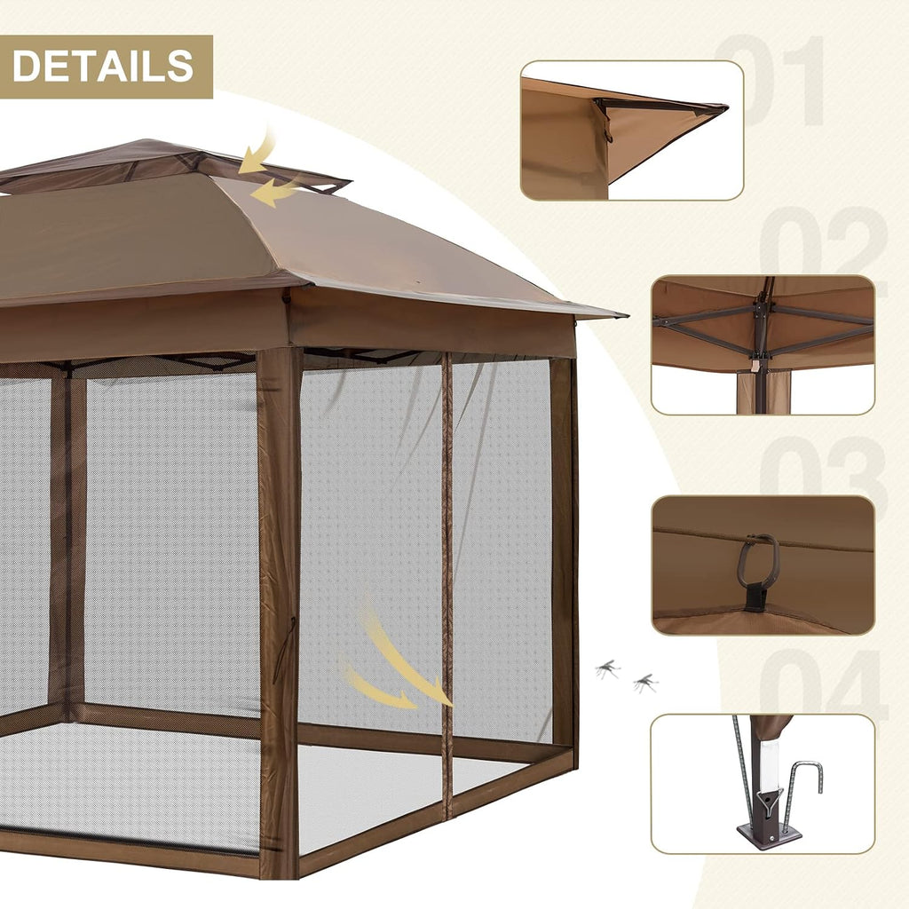 EAGLE PEAK 11x11 Pop Up Gazebo with Mesh Netting, Easy Up Screened Canopy for Patio and Backyard, Easy Set up Outdoor Gazebo (Brown)