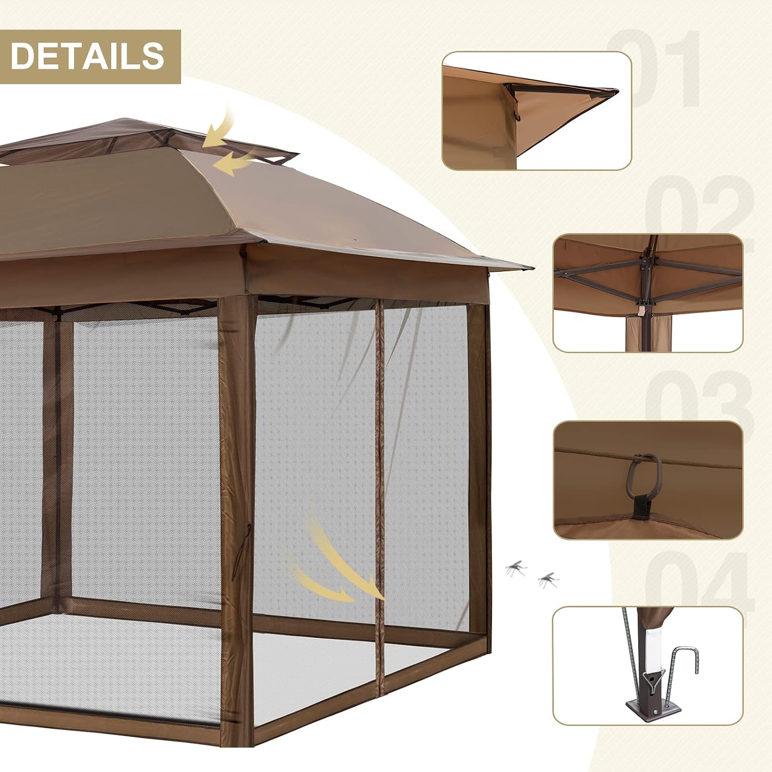 EAGLE PEAK 11x11 Pop Up Gazebo with Mesh Netting, Easy Up Screened Canopy for Patio and Backyard, Easy Set up Outdoor Gazebo (Brown)