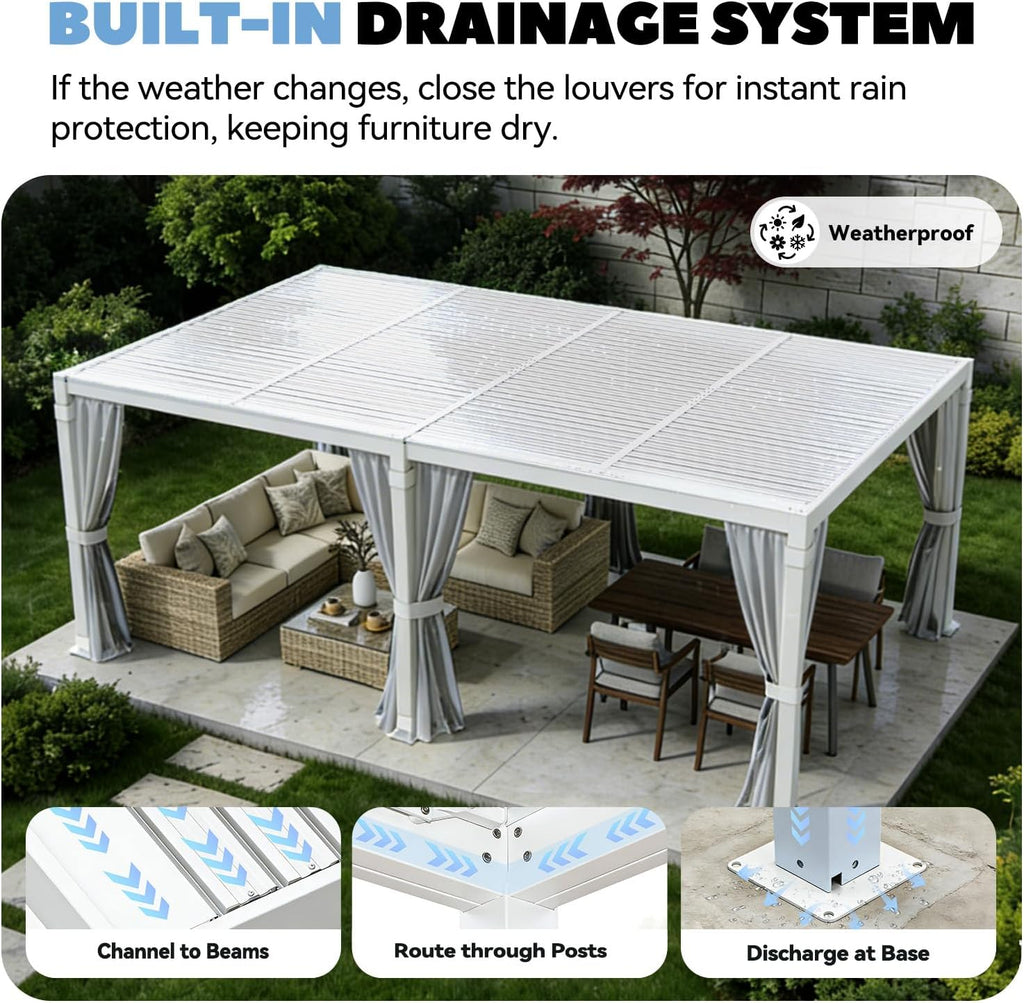 MELLCOM Louvered Pergola 12x20, Steel Aluminum Pergola with Adjustable Louvered Roofs, Outdoor Gazebo with Waterproof Curtains and Nets, White