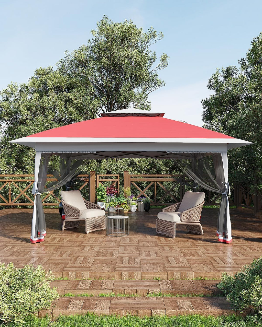 12x12FT Pop Up Gazebo, Instant Backyard Canopy Tent with Mosquito Net & Double Roof, Pop-Up Gazebo Canopies Adjustable Height for Patio, Party, Red