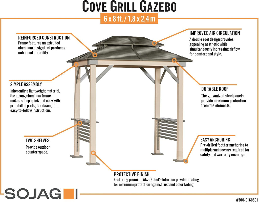 Tommy Bahama Edition Cove 6' x 8' Outdoor Hardtop Grill Gazebo for Backyard or Patio, Heavy-Duty Galvanized Steel Double Roof Gazebo, Wood Grain Finish