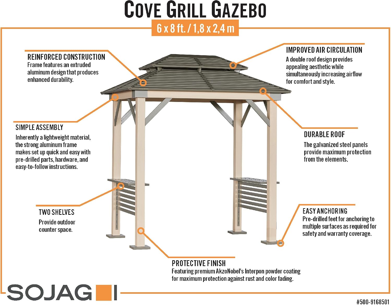 Tommy Bahama Edition Cove 6' x 8' Outdoor Hardtop Grill Gazebo for Backyard or Patio, Heavy-Duty Galvanized Steel Double Roof Gazebo, Wood Grain Finish