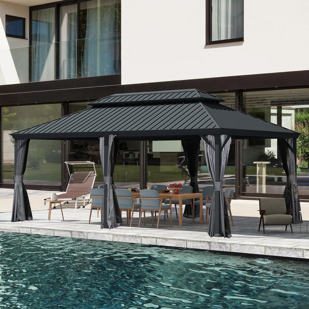 14' x 24' Outdoor Hardtop Gazebo with Gutters, Permanent Metal Hard Top Gazebo, Double Roof Galvanized Heavy Duty with Curtains and Netting for Backyard, Patio, Deck, Hot Tub, Grey