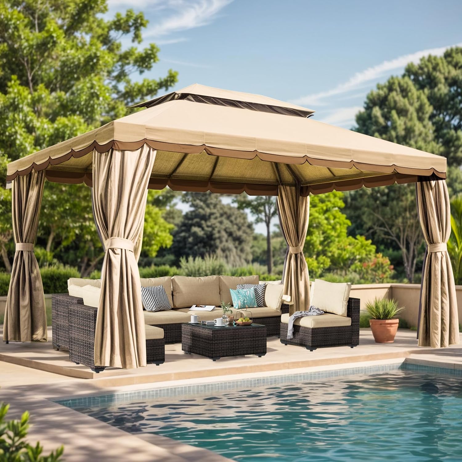 Generic 10'x13' Outdoor Patio Gazebo,Heavy Duty Party Tent & Shelter with Double Roofs, Mosquito Nettings and Curtains for Backyard, Patio, Deck, Parties, Garden, Lawn Beige