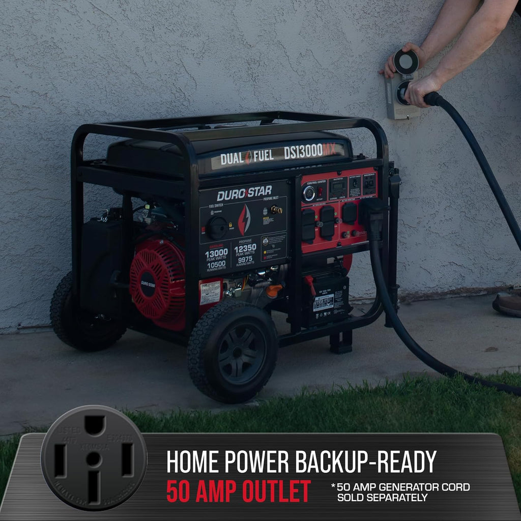 DuroStar DS13000MX 13,000-Watt 500cc Dual Fuel Portable Generator - Gas and Propane, Remote Electric Start, Whole Home Power Backup, Transfer Switch Ready, RV & Emergency Ready