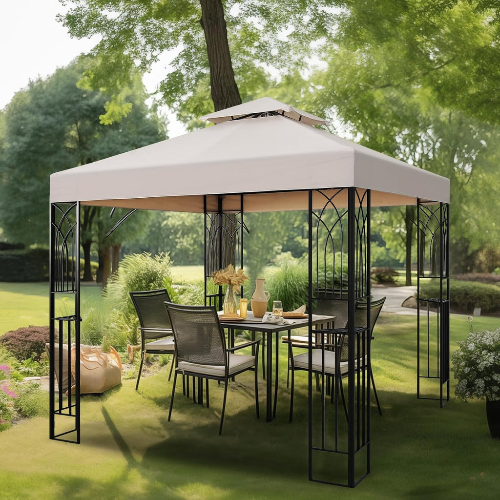 8x8 Outdoor Gazebo for Backyard, Patio Gazebo Tent with Corner Shelves, Beige