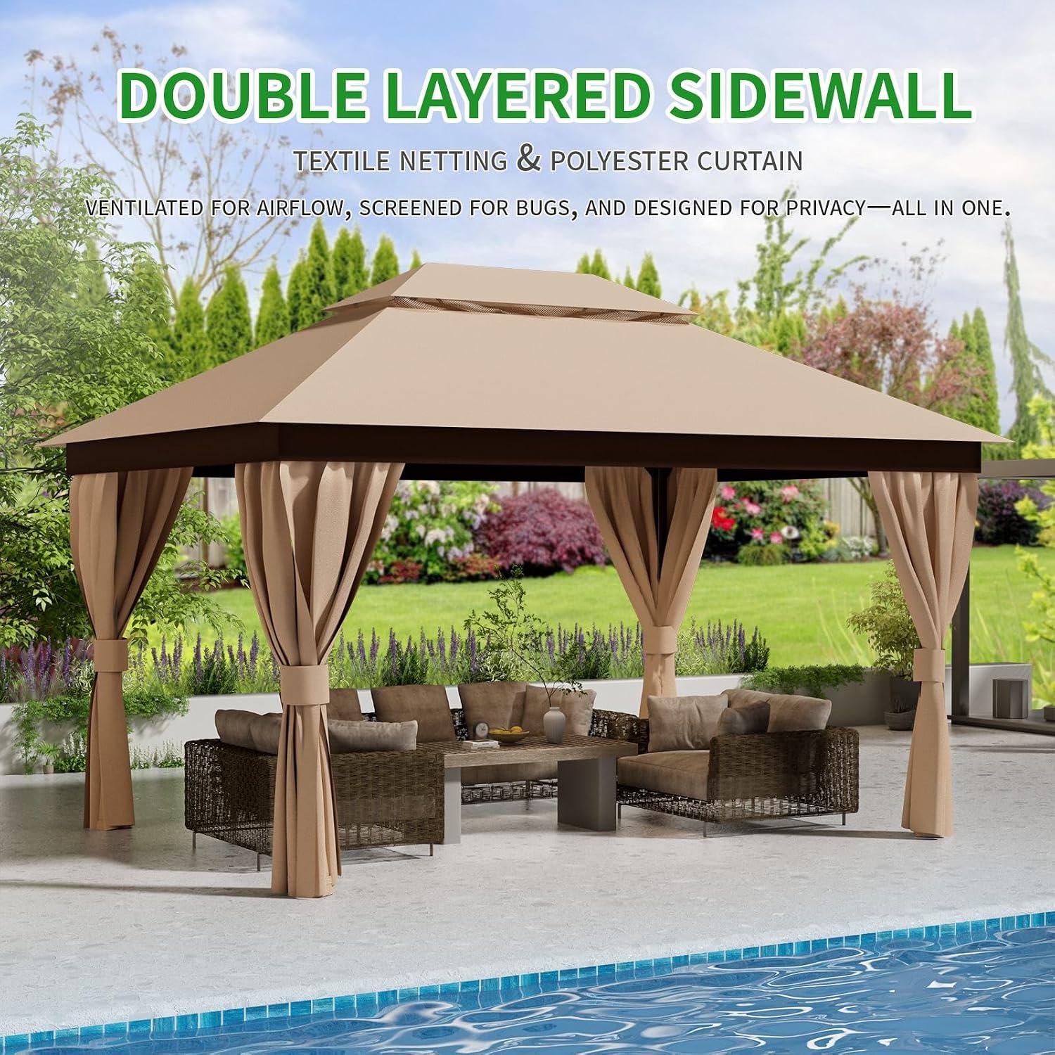 Outdoor Gazebo for Patio 10'x13' - Heavy Duty Steel Frame Canopy Party Tent Shelter with Double Roofs, Mosquito Net and Privacy Curtains for Backyard Garden Lawn (Khaki, 10x13)