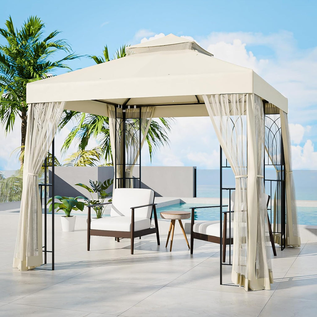 COOS BAY 8x8 Patio Gazebo with Corner Shelves, Two Tier Soft Top Canopy with Mesh Netting for Backyard, Garden, Lawn, Outdoor Events, Beige