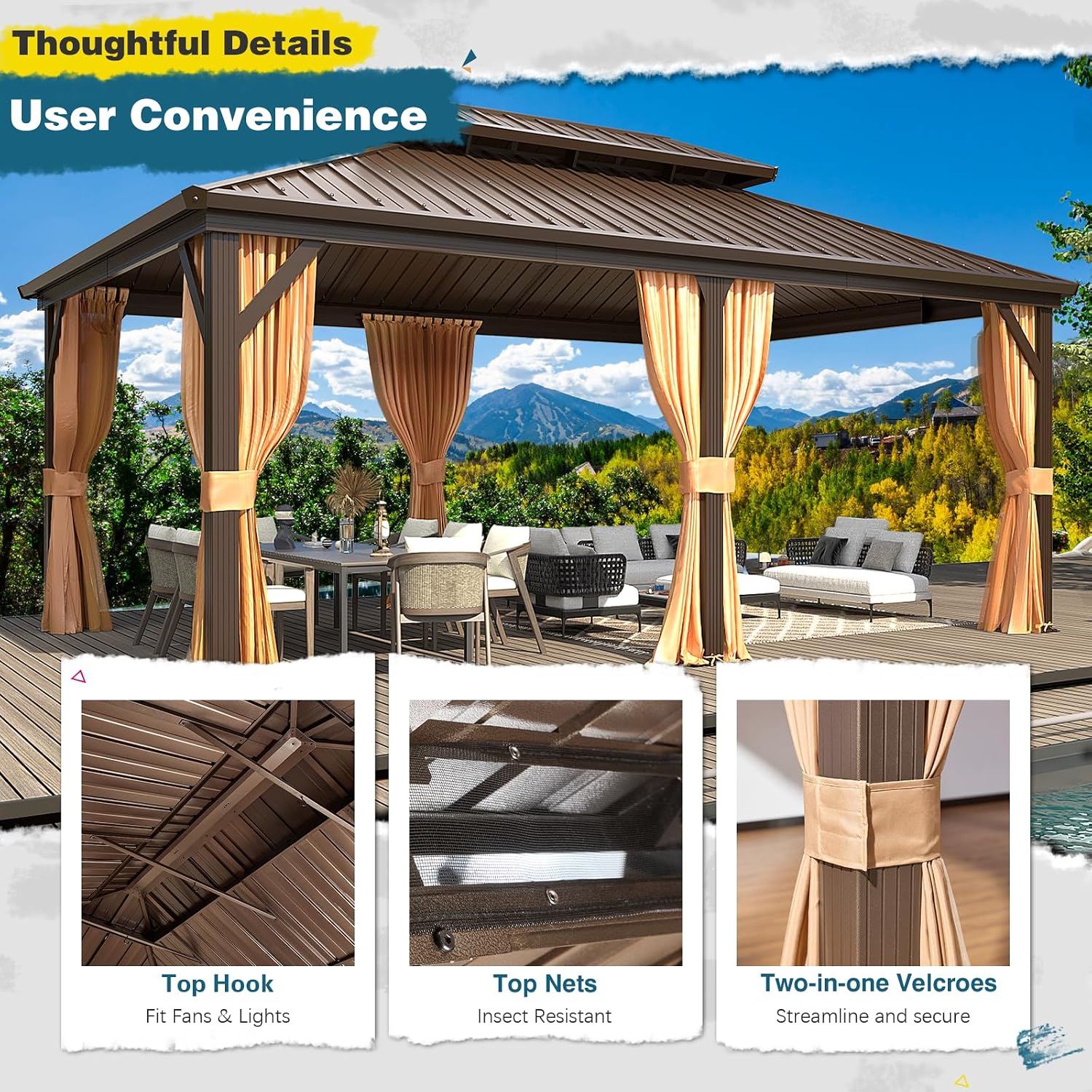 MELLCOM 12'x18' Hardtop Gazebo, Metal Double Roof Aluminum Gazebos with Curtain and Netting,Brown Permanent Galvanized Steel Pavilion for Patio, Lawn & Deck