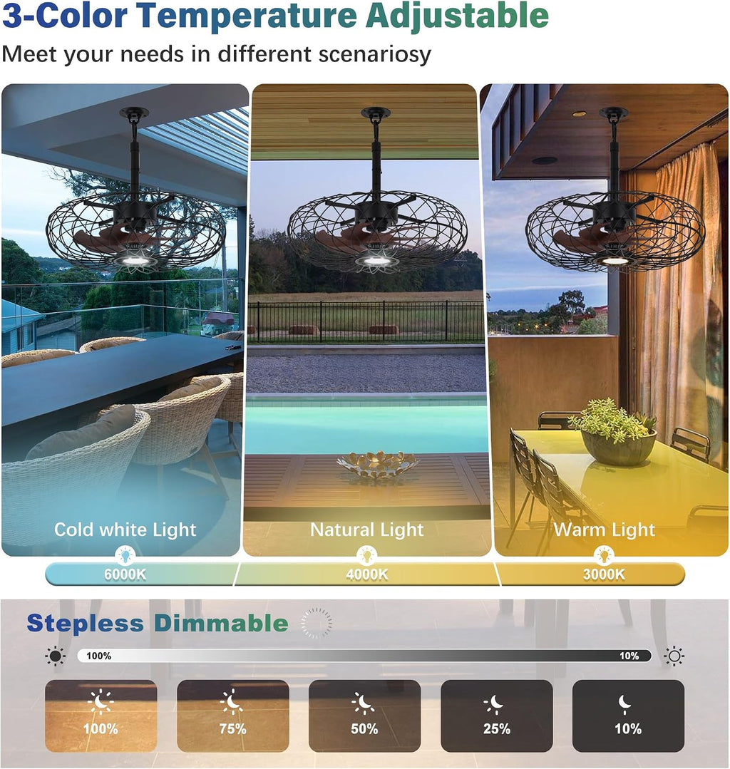 PAZALA 20' Gazebo Ceiling Fans with Lights and Remote Control, Waterproof Enclosed Caged Ceiling Fan with 3 Color LED Light, Portable Hanging Outdoor Fan with Plug in Cord Hook for Patios Black