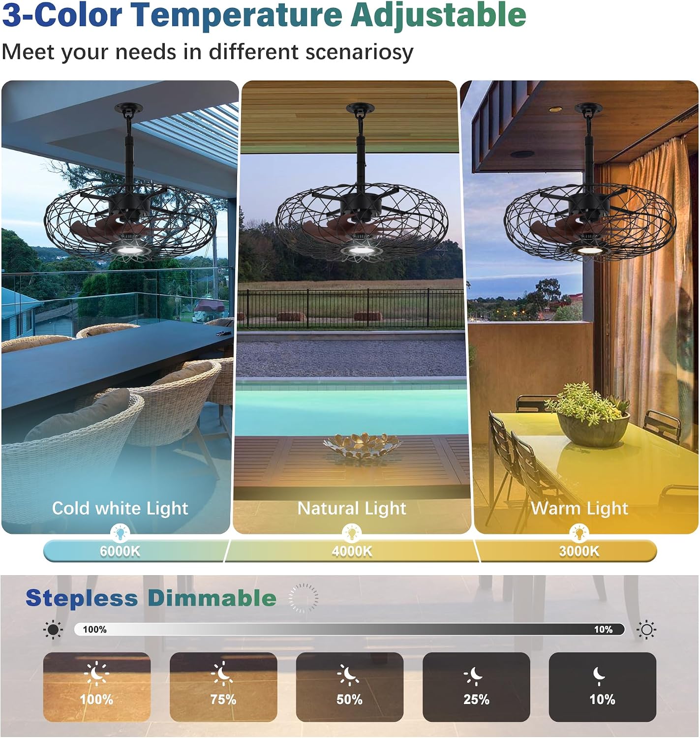 PAZALA 20' Gazebo Ceiling Fans with Lights and Remote Control, Waterproof Enclosed Caged Ceiling Fan with 3 Color LED Light, Portable Hanging Outdoor Fan with Plug in Cord Hook for Patios Black