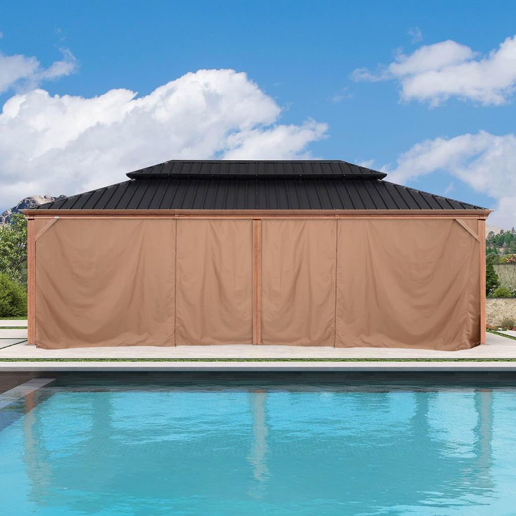 PURPLE LEAF 14' X 24' Outdoor Hardtop Gazebo for Patio Galvanized Steel Double Roof Permanent Canopy Teak Finish Coated Aluminum Frame Pavilion Gazebo with Netting and Khaki Curtains