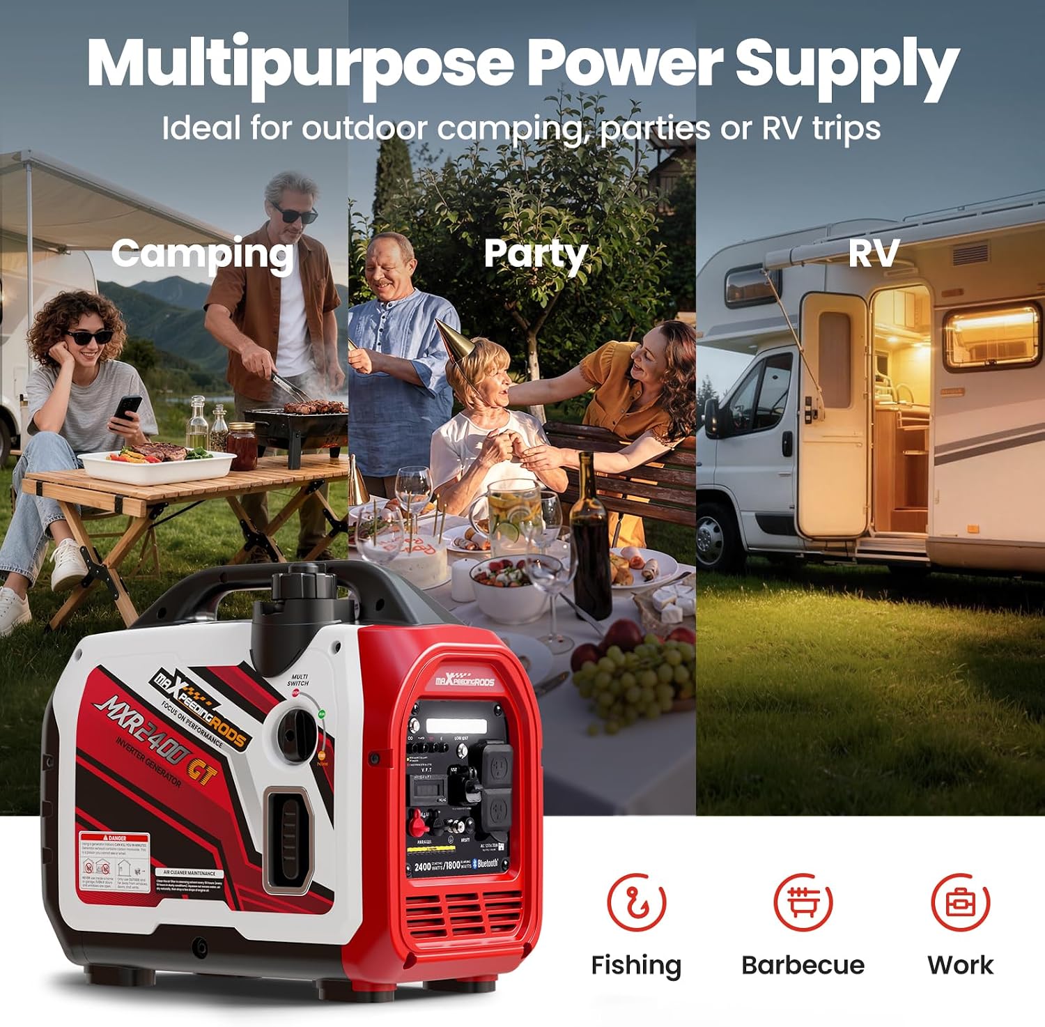 maXpeedingrods 2400 Watt Portable Inverter Generator Gas Powered, Bluetooth® App Remote Data Monitor,Only 33lbs, Compact and Lightweight for Outdoor Camping, Home Use