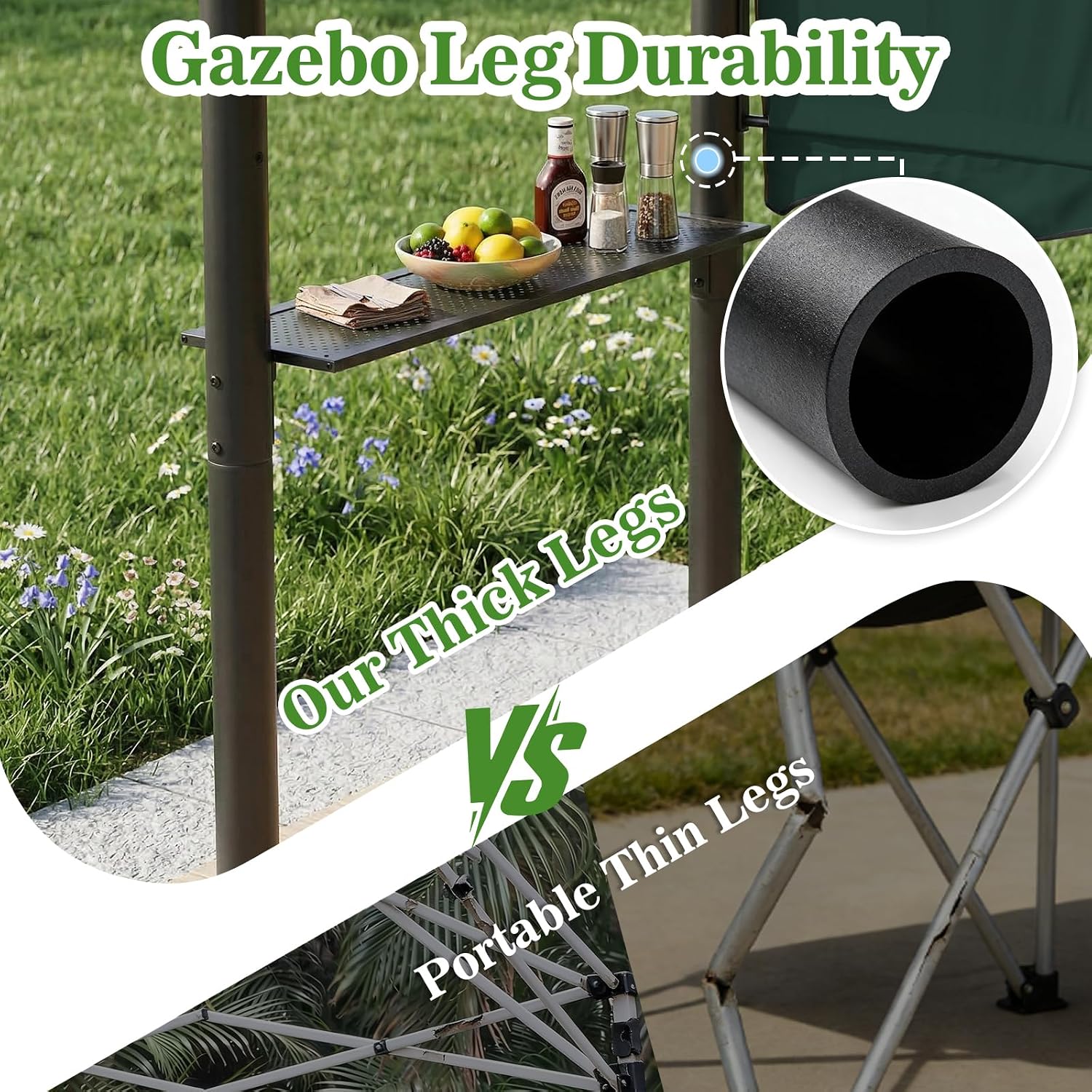 CHARMELEON 8x8 FT Grill Gazebo, Grill Canopy with Big Awning&2 Side Shelves&6 Hooks&Bottle Opener, Powder-Coated Steel BBQ Shelter for Patio Backyard Outdoor Grilling-Green