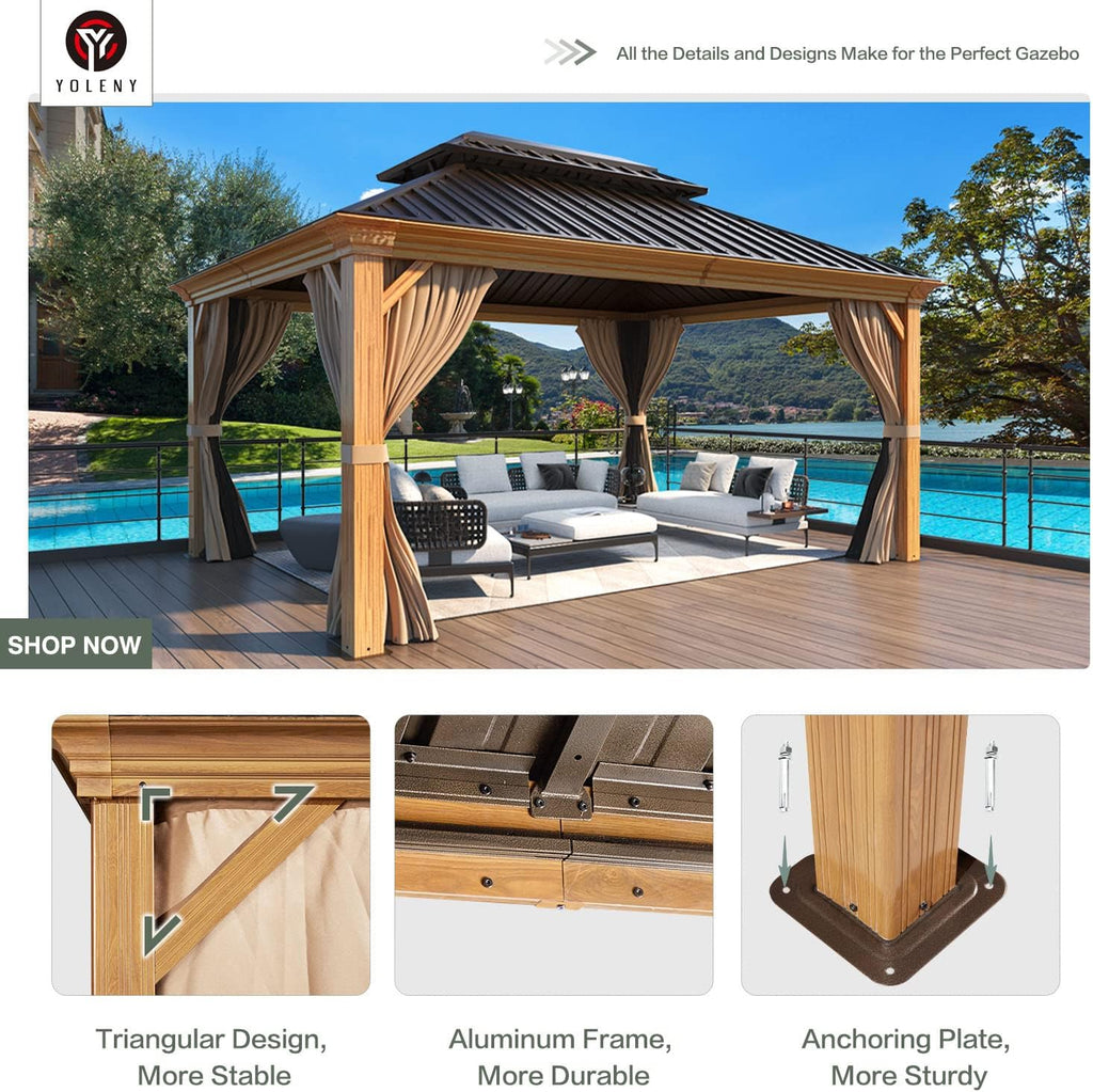 YOLENY 12' x 14' Hardtop Gazebo Wood Grain Aluminum Frame Gazebo, Outdoor Permanent Metal Pavilion with Netting and Curtains for Deck, Backyard, Patio, Lawns