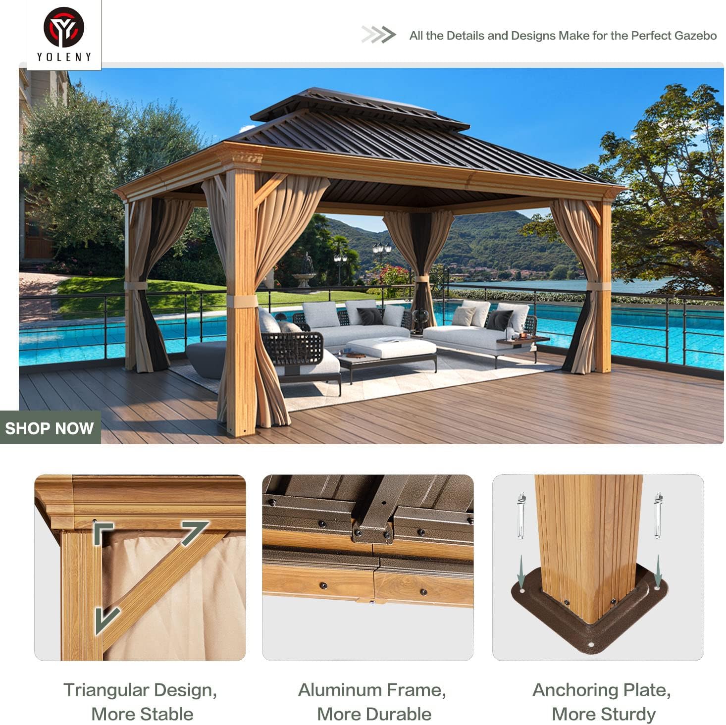 YOLENY 12' x 14' Hardtop Gazebo Wood Grain Aluminum Frame Gazebo, Outdoor Permanent Metal Pavilion with Netting and Curtains for Deck, Backyard, Patio, Lawns