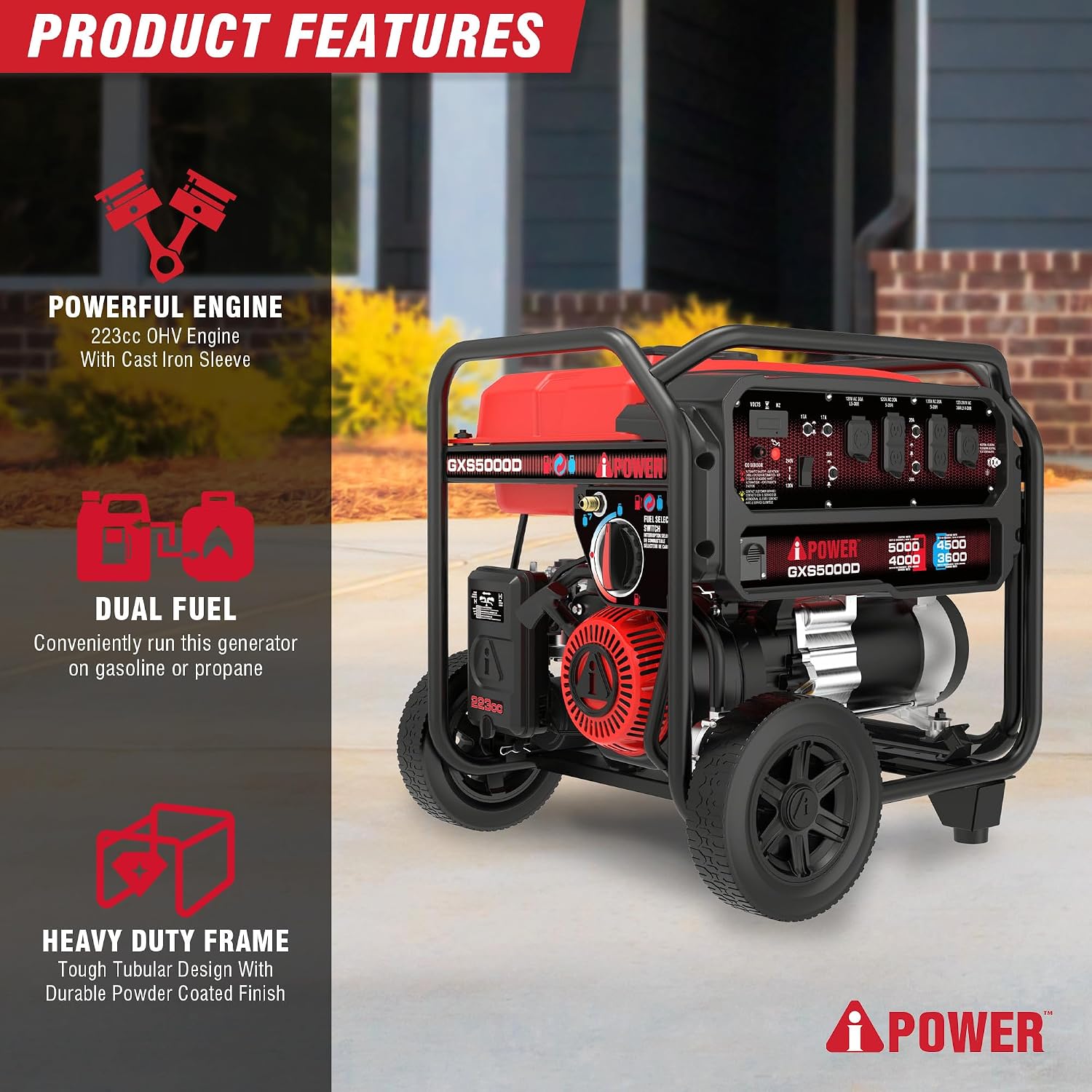 A-iPower 5000-Watt Portable Generator Gas & Propane, CO Sensor Shutdown, Heavy Duty Generators with 223cc OHV Engine For Jobsite, RV, Home Backup, Emergency (GXS5000D)