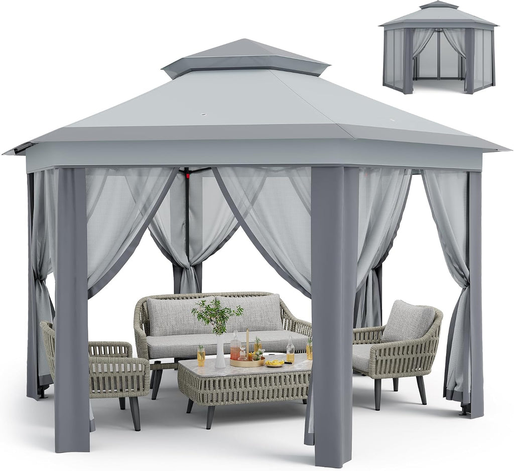 13 x 13FT Pop Up Gazebo, Instant Backyard Canopy Tent with Mosquito Net & Double Roof, Pop-Up Gazebo Canopies Adjustable Height for Patio, Party, Gray