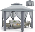 13 x 13FT Pop Up Gazebo, Instant Backyard Canopy Tent with Mosquito Net & Double Roof, Pop-Up Gazebo Canopies Adjustable Height for Patio, Party, Gray