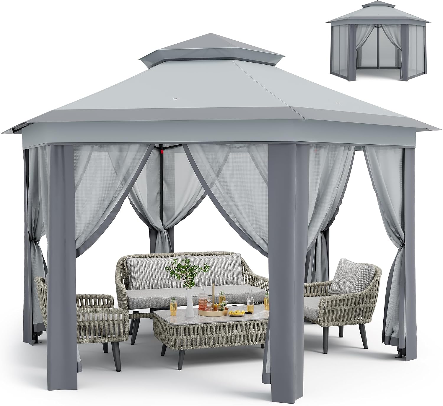 13 x 13FT Pop Up Gazebo, Instant Backyard Canopy Tent with Mosquito Net & Double Roof, Pop-Up Gazebo Canopies Adjustable Height for Patio, Party, Gray