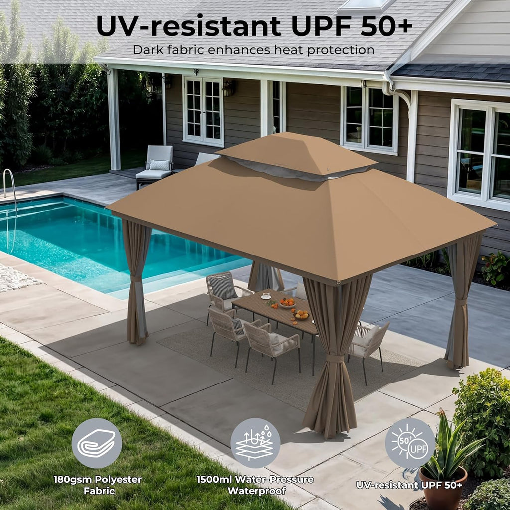 LuxaDomus Outdoor Gazebo 10'×13' for Patio, Metal Frame Canopy with Double Roofs, Heavy Duty Party Tent with Mosquito Netting and Curtains for Backyard, Garden, Lawn and Deck, Coffee