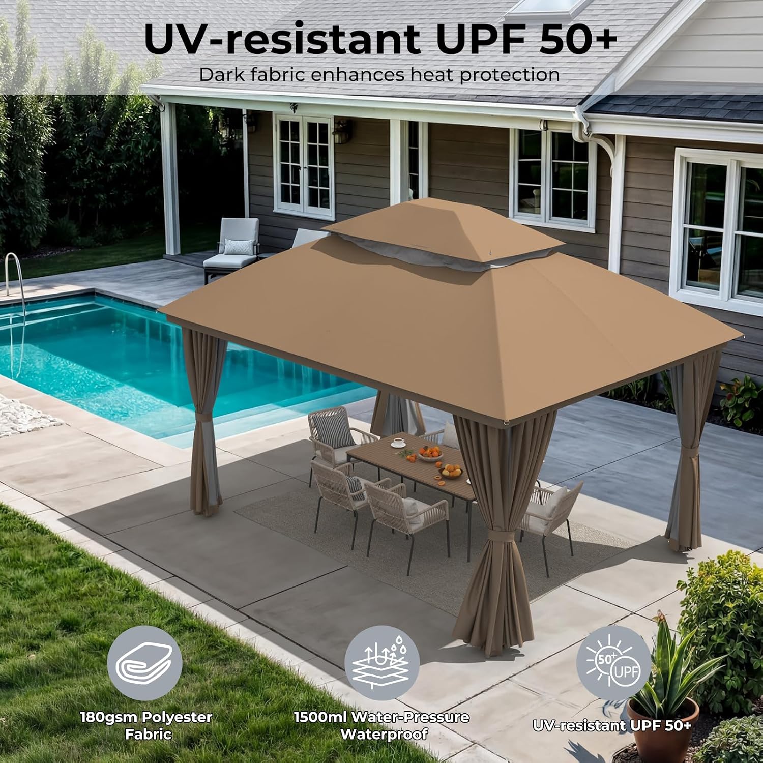 LuxaDomus Outdoor Gazebo 10'×13' for Patio, Metal Frame Canopy with Double Roofs, Heavy Duty Party Tent with Mosquito Netting and Curtains for Backyard, Garden, Lawn and Deck, Coffee
