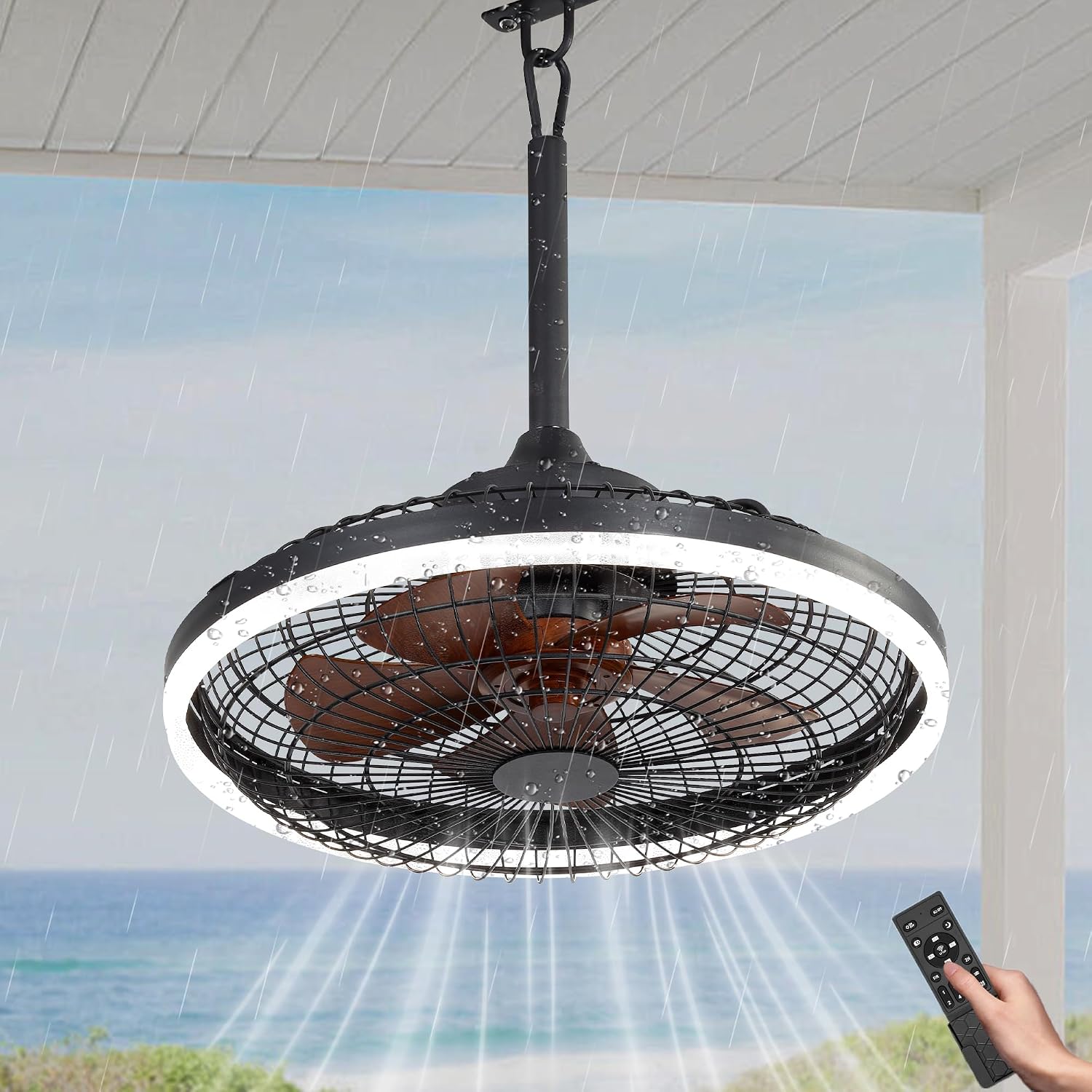 Bella Depot 20' Outdoor Ceiling Fan Black Waterproof Gazebo Fan with Dimmable Light Smart App Remote Control Hanging Fan for Outside Patios Pergola Tent Plug-in Design (20'- Minimalist Black)