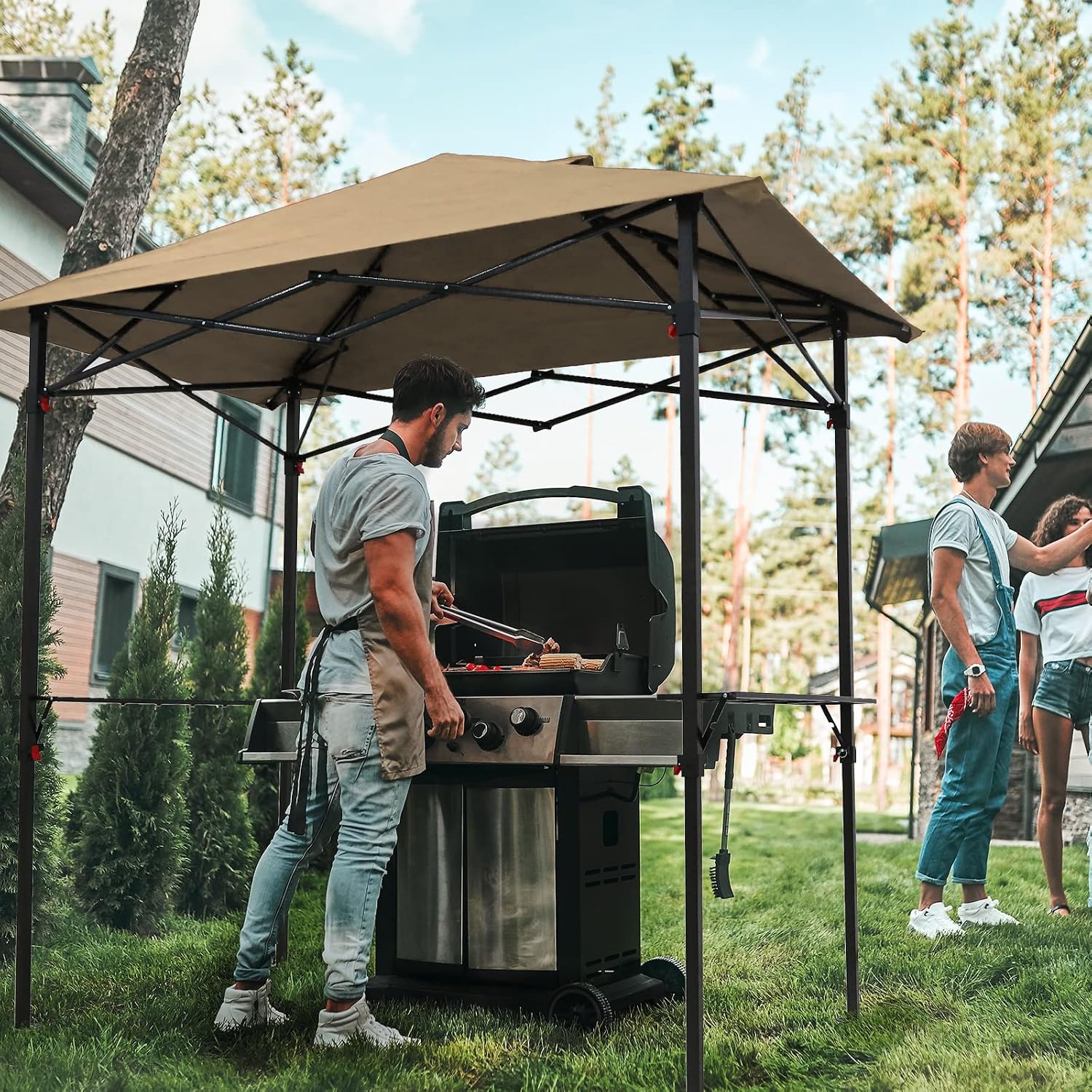 COOS BAY 8x5 Pop Up Outdoor Grill Gazebo, Portable BBQ Grill with Carry Bag, Outdoor Barbecue Shelter with Side Shelves, Beige