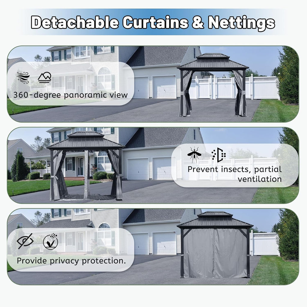 Hardtop Gazebo 8x10 FT, Metal Outdoor Gazebos with Galvanized Steel Double Roof, Curtains and Nettings, Permanent Gazebo Pavilion for Patio Wedding, Party, Outdoor Dining -Grey