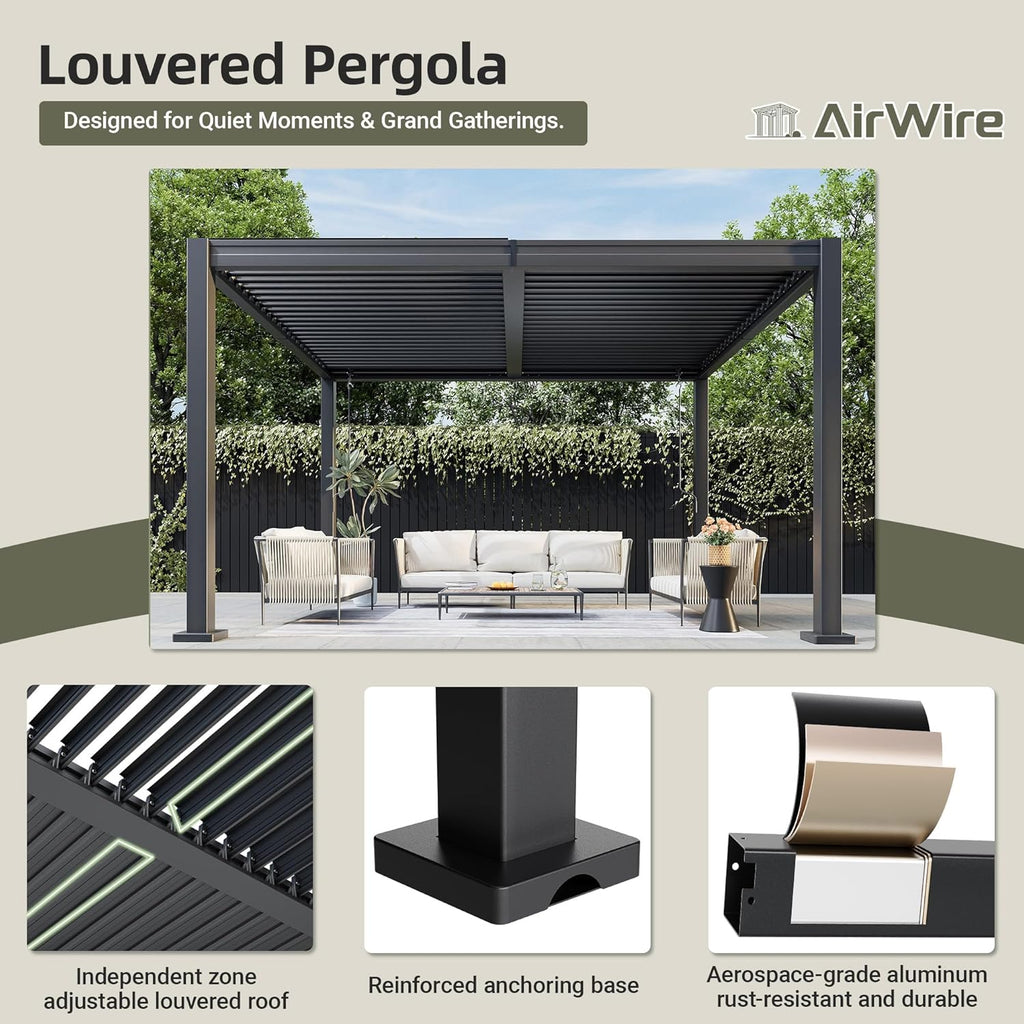 AirWire 10x12 FT Louvered Pergola, Outdoor Pergola with 2 Independent Adjustable Roof and Drainage System, Metal Patio Pavilion, Hardtop Gazebo for Patio, Deck, Garden, Dark Gray