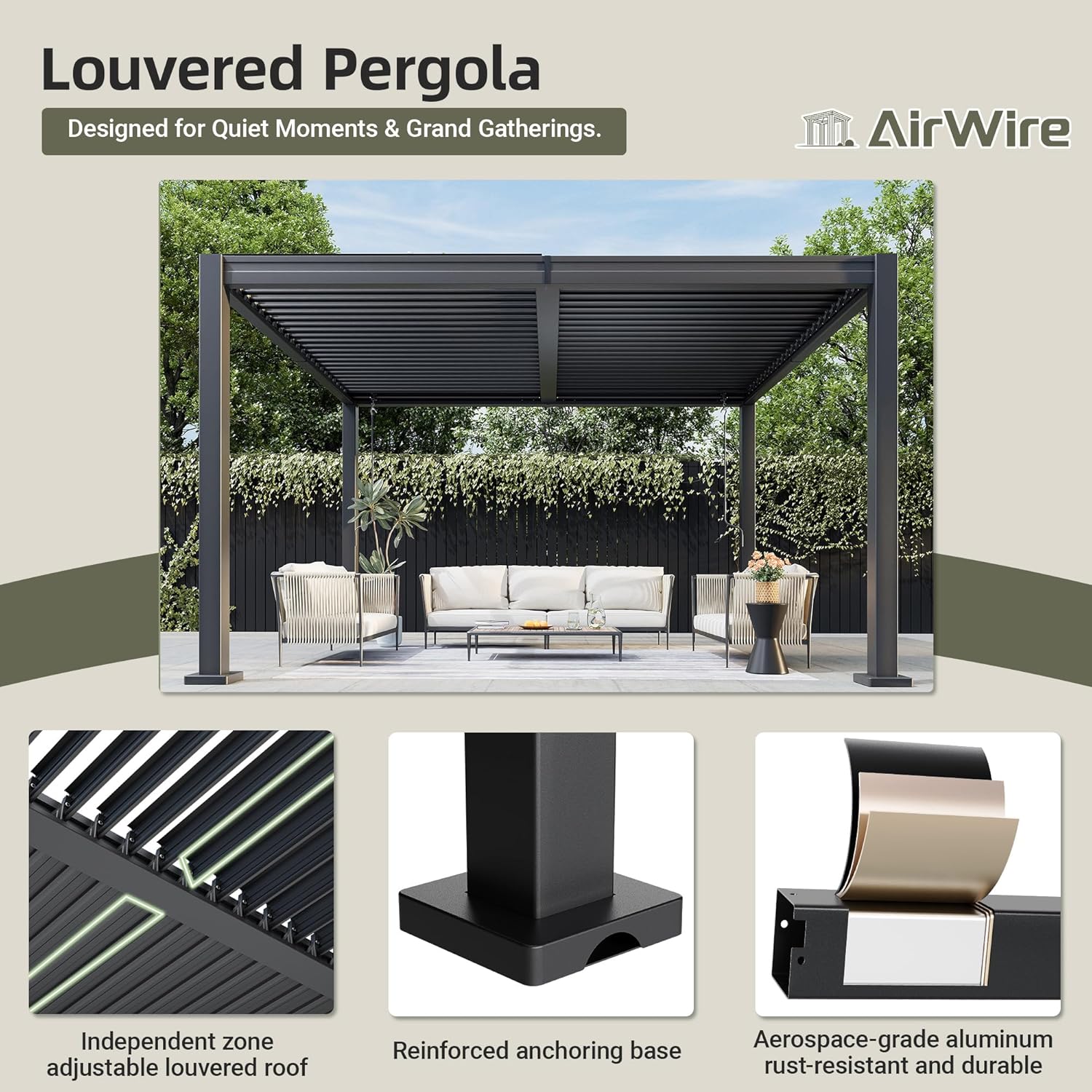 AirWire 10x12 FT Louvered Pergola, Outdoor Pergola with 2 Independent Adjustable Roof and Drainage System, Metal Patio Pavilion, Hardtop Gazebo for Patio, Deck, Garden, Dark Gray